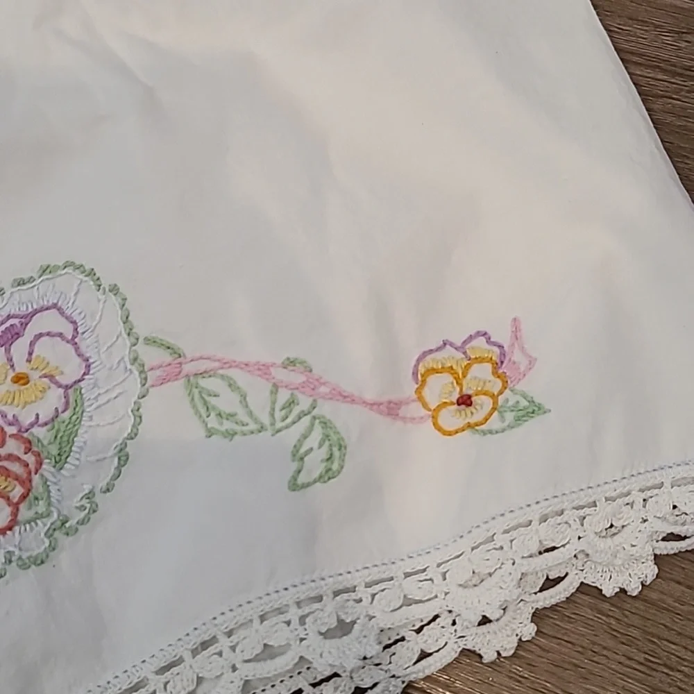 Vintage Embroidered White Pillowcases with Floral Design